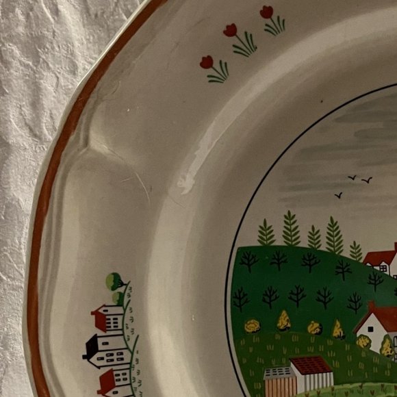 Vintage Newcor Stoneware Country Village 12" Round Platter Serving Plate - Picture 4 of 8